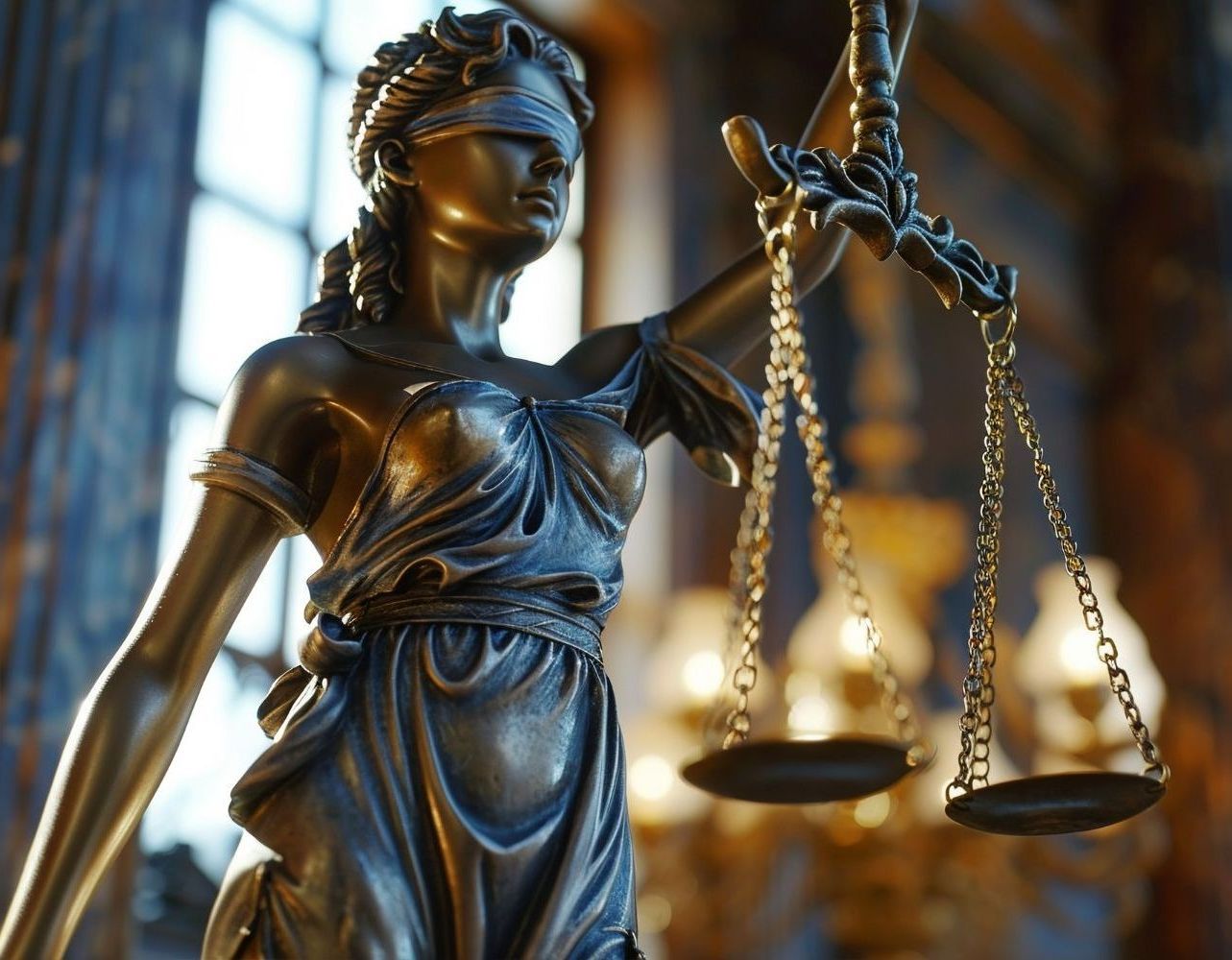 A person with long wavy hair leans out of a car window, reaching an arm toward a road lined with trees and mountains.