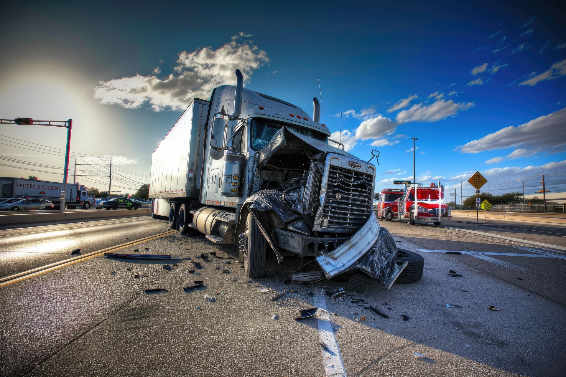 A heavily damaged semi-truck sits on a roadway with emergency vehicles in the background under a blue sky.