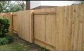 A wooden fence is surrounded by bushes and trees in a backyard.