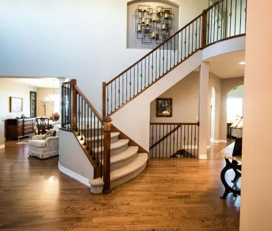 There is a staircase in the middle of the room.