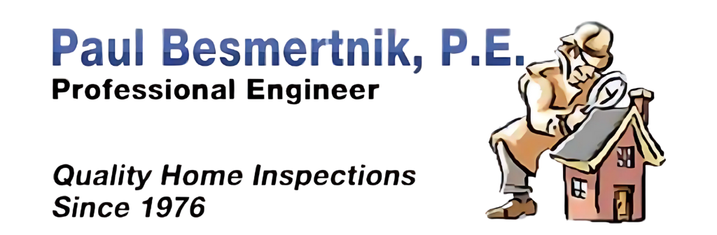 A white logo for a home inspection company with a house and a magnifying glass.