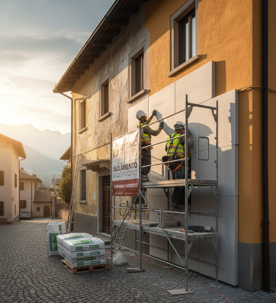 Due operai su un'impalcatura stanno applicando l'isolamento a una parete esterna di un edificio in una strada acciottolata.