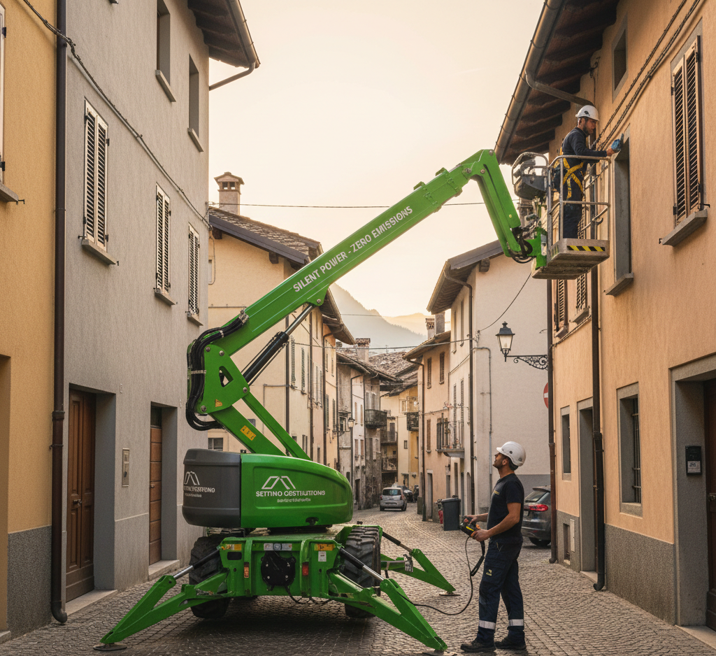 Piattaforma aerea verde con due operai: uno nel cestello, l'altro aziona i comandi su una strada stretta con edifici.