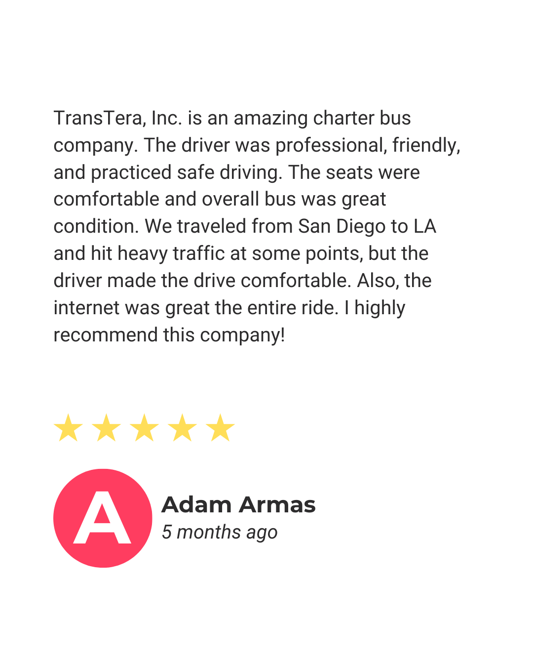 Review emphasizing affordability and convenience of charter bus rental in San Diego

