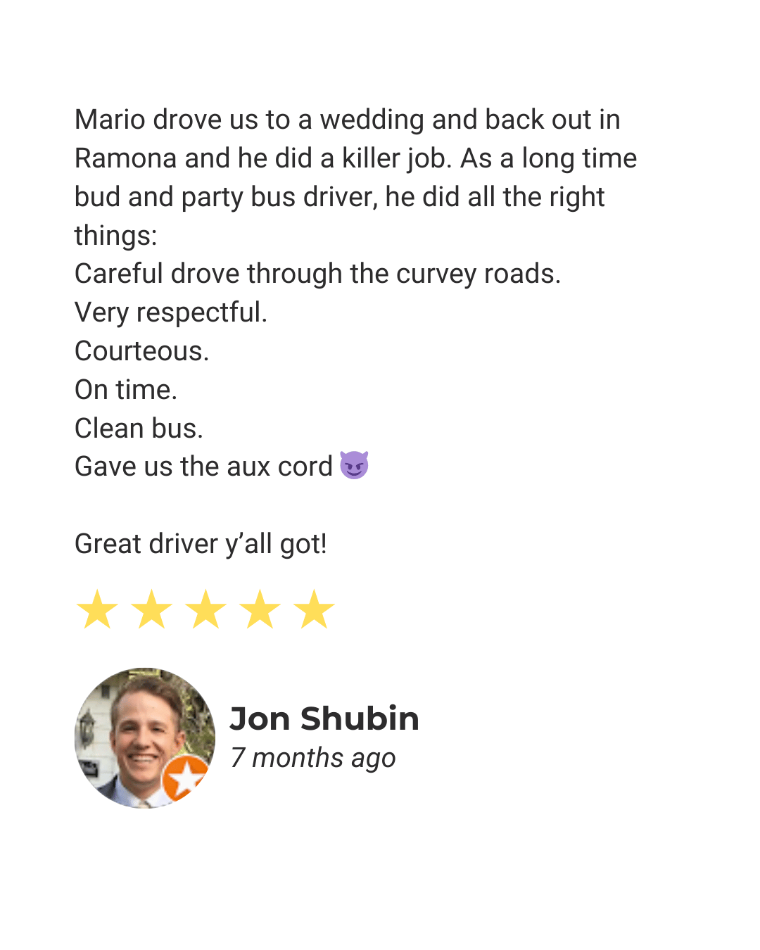 Feedback describing exceptional value and comfort with bus rentals in Orange County

