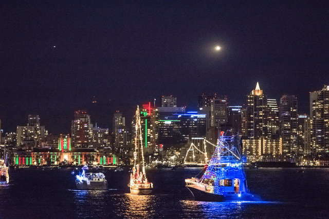 Boats decorated with holiday lights at the San Diego Bay Parade of Lights