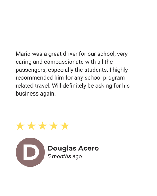 Text testimonial highlighting excellent San Diego charter bus rental experience

