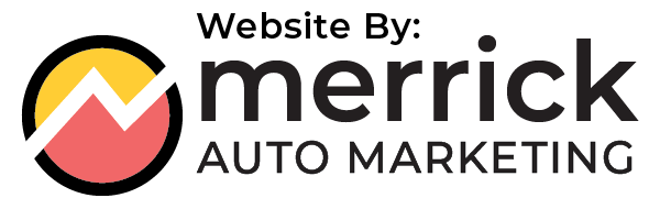 A logo for merrick auto marketing with a red and yellow arrow