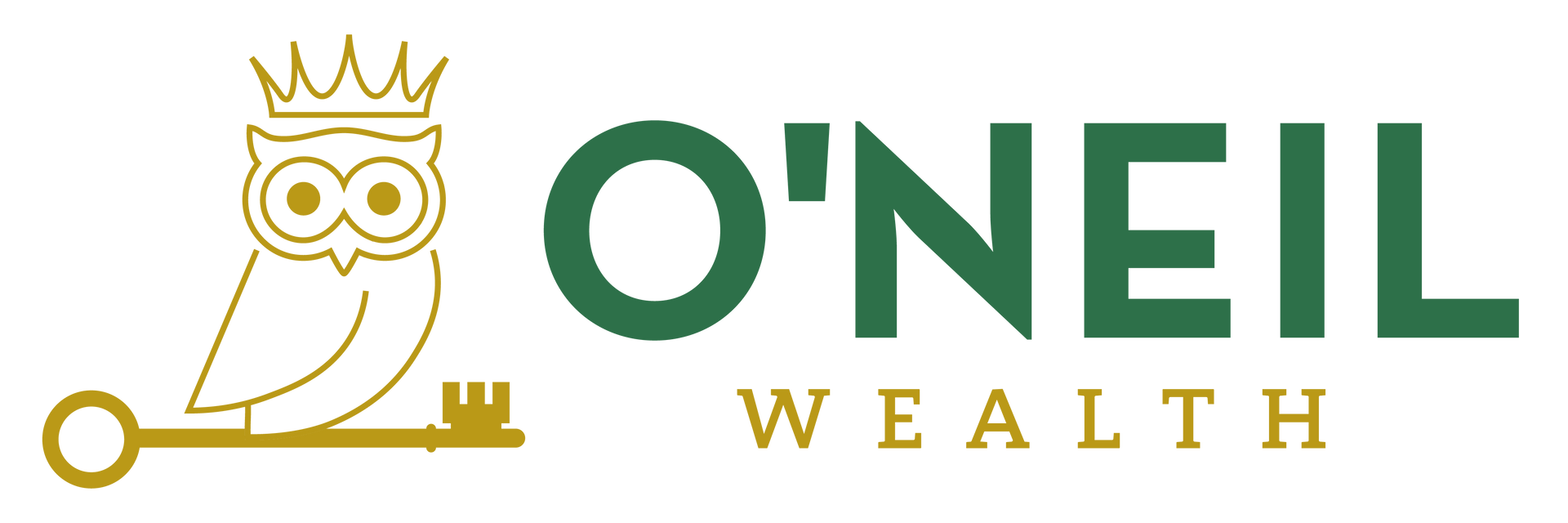 The logo for o'neil wealth shows an owl with a crown on its head holding a key.