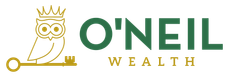 The logo for o'neil wealth shows an owl with a crown on its head holding a key.