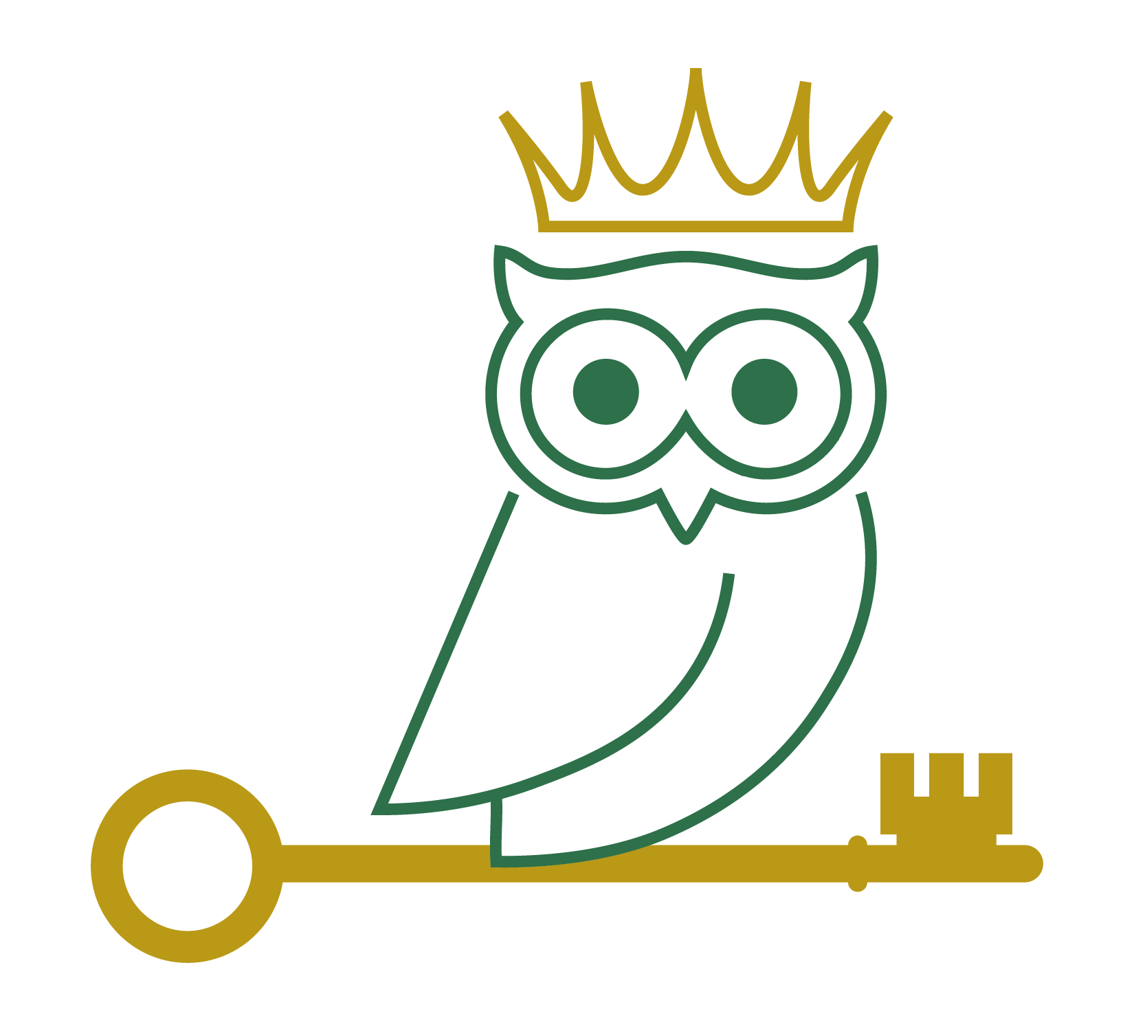 An owl with a crown on its head is sitting on a key.