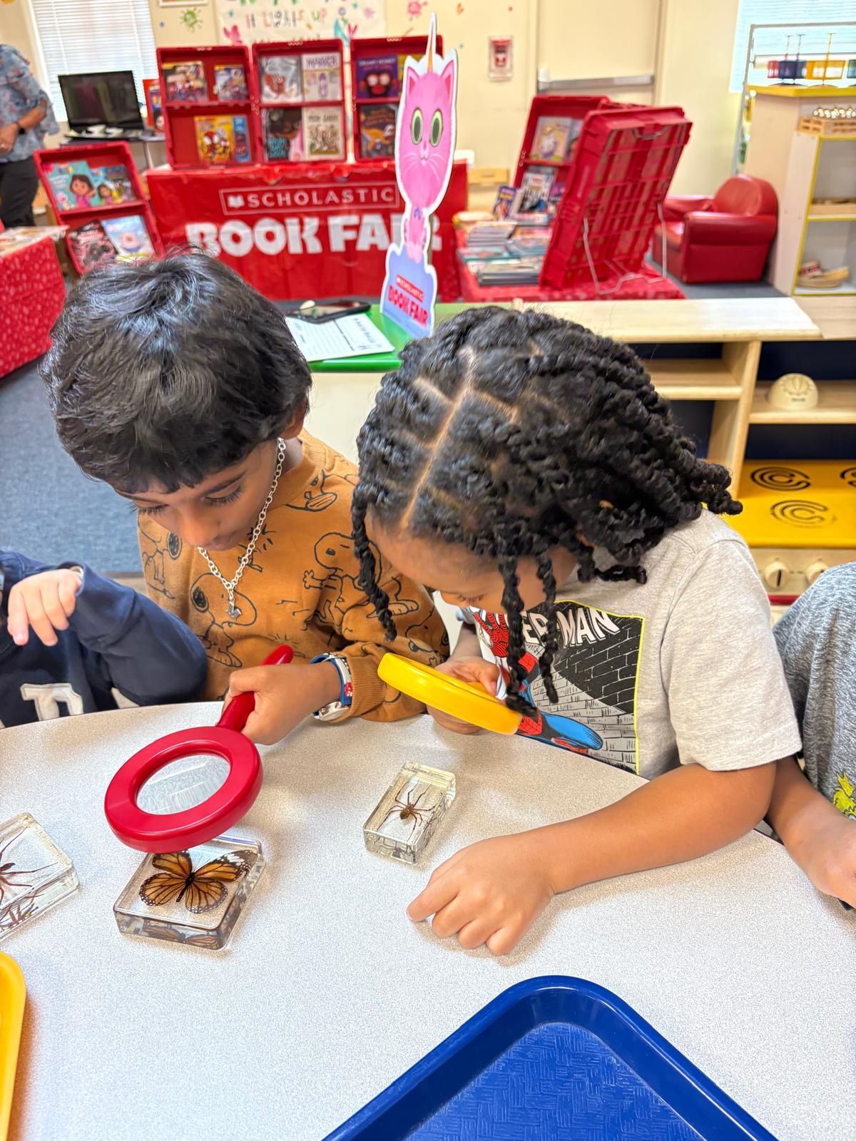 Montessori child looking a butterfly with a magnifying glass