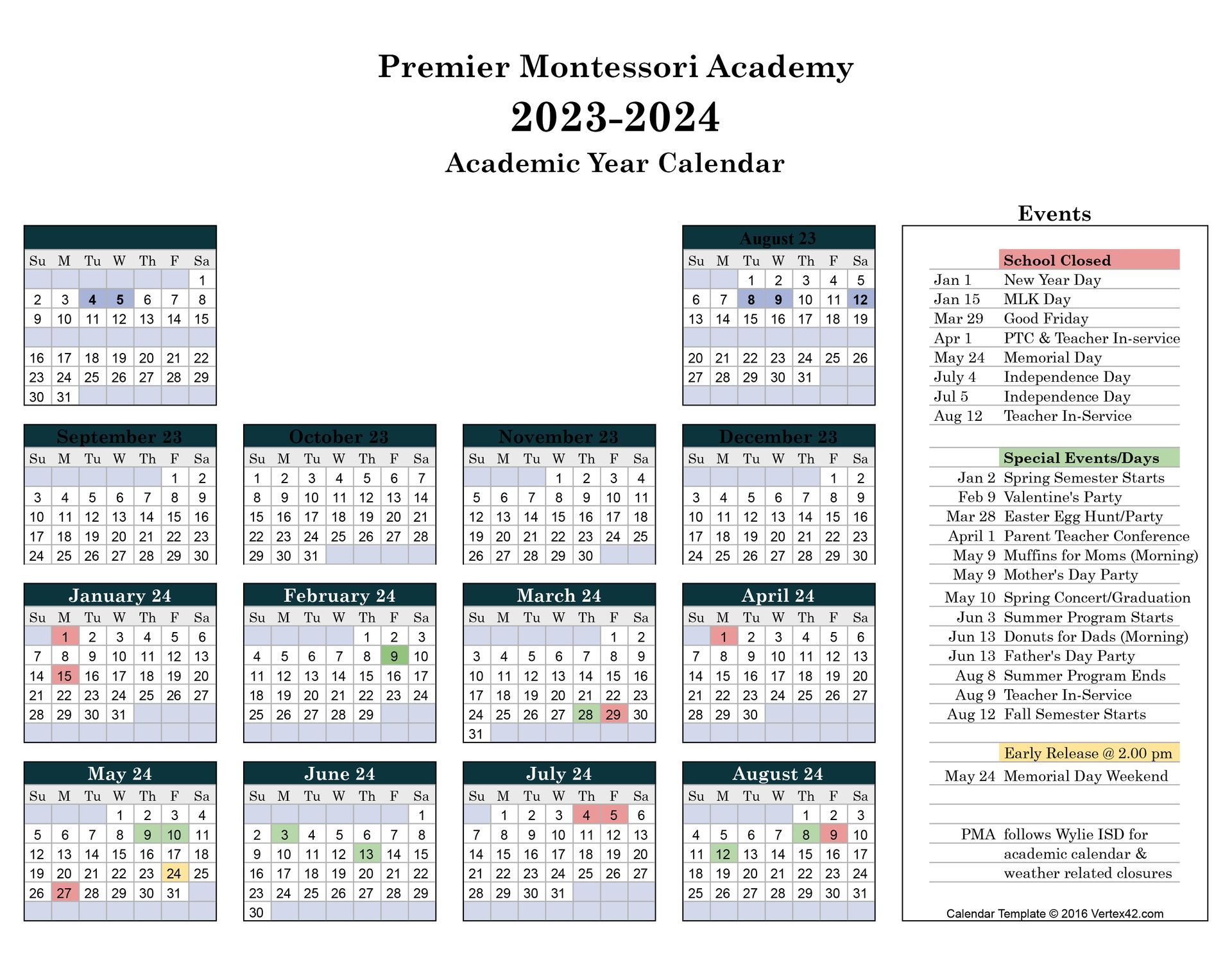 PMA School Calendar 2023-2024