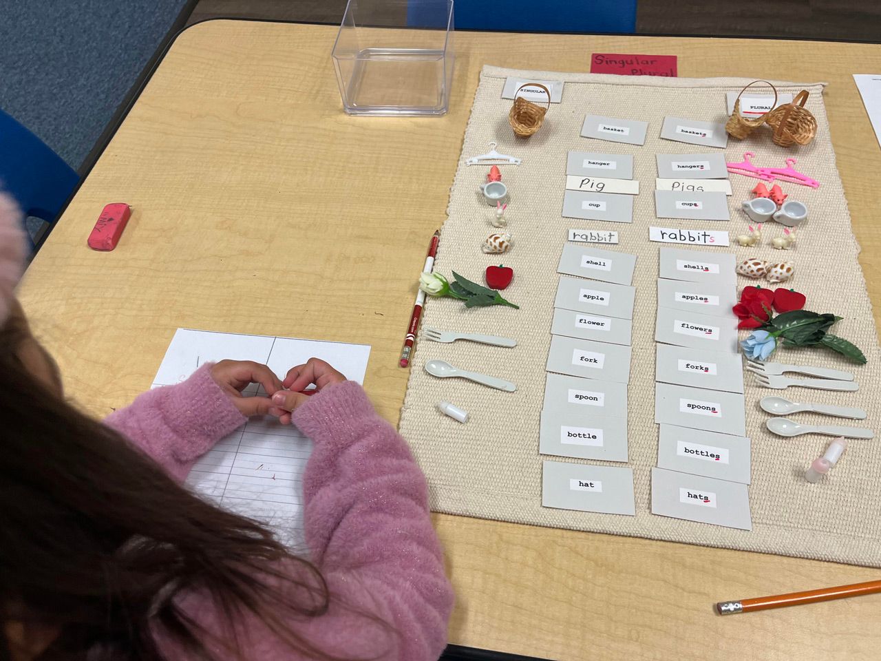 A primary Montessori child uses small objects and word labels on a work mat to learn the concept of singular and plural nouns.