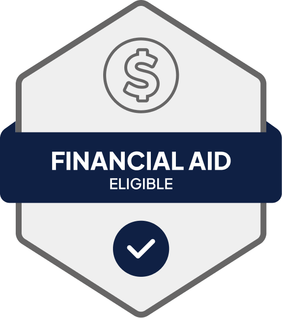 Badge: Financial Aid Eligible, blue banner, building icon, dollar sign.