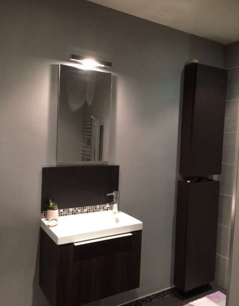 Une salle de bain avec un lavabo et un miroir au mur