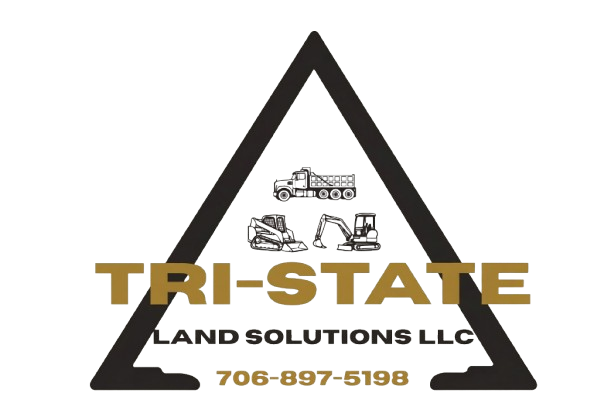 Logo for Tri-State Land Solutions LLC featuring a triangular frame, construction equipment icons, and a phone number.