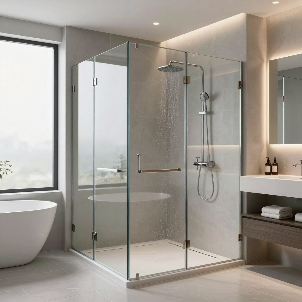 Modern bathroom with glass shower enclosure, freestanding tub, and vanity beside a large window