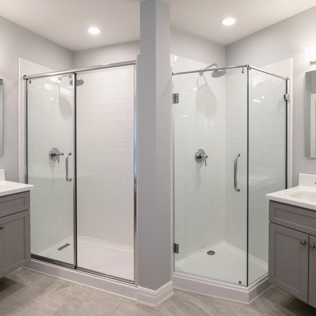Modern bathroom with two glass walk-in showers, gray vanities, and white tiled walls.