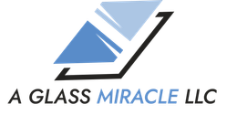 Logo of A Glass Miracle LLC featuring overlapping blue triangles with a black outline, the text is black and blue.