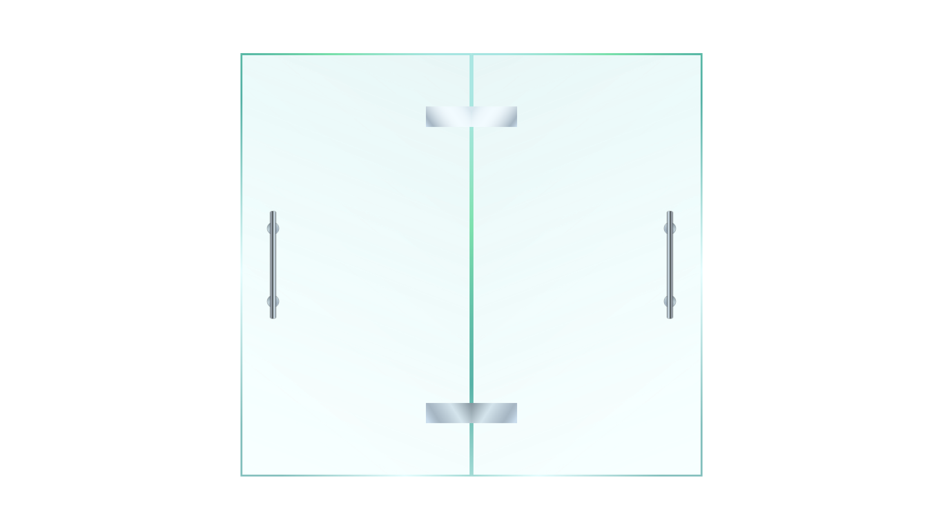 Glass shower enclosure with two hinged doors and silver hardware.