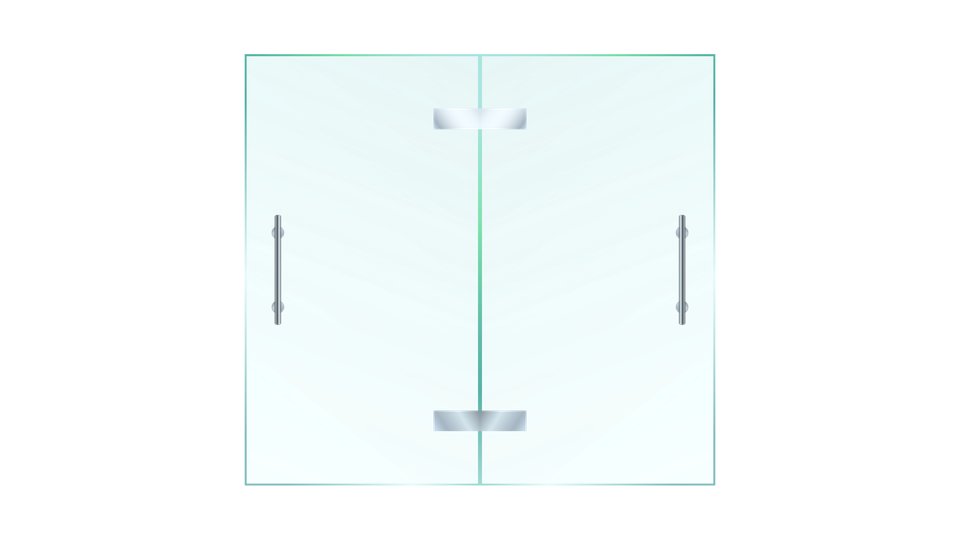 Glass shower enclosure with two hinged doors and silver hardware.