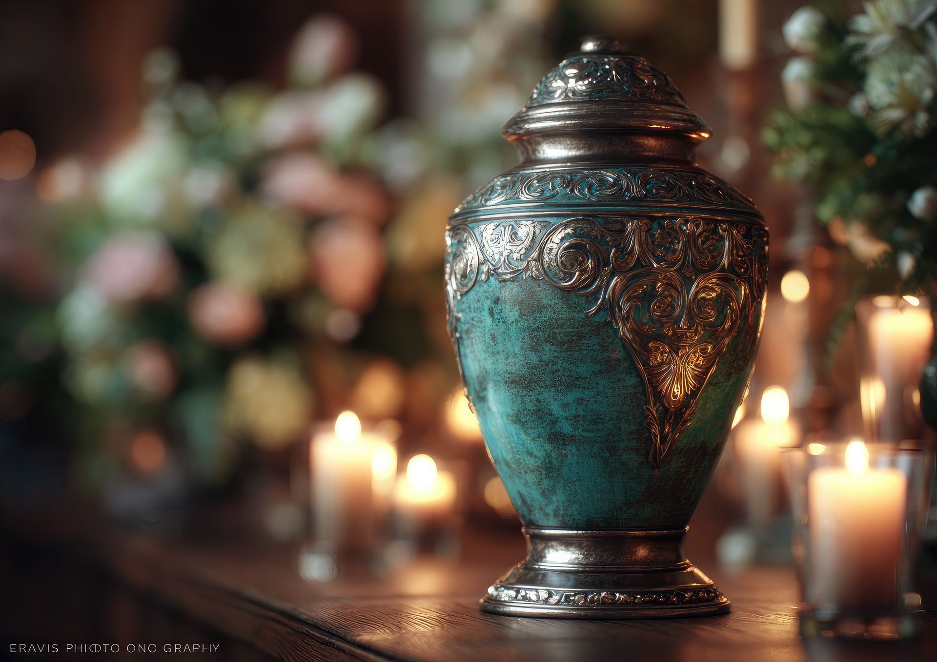 An ornate teal and bronze urn with floral and candlelight background.