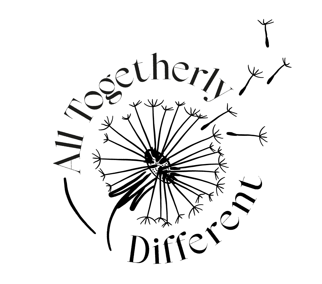 Black dandelion with seeds blowing away, surrounded by the words 