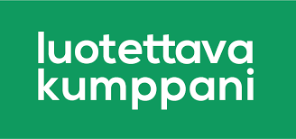 The logo for luotettava kumppani is green and white.