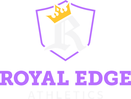 Royal Edge Athletics logo: Purple shield with a white 
