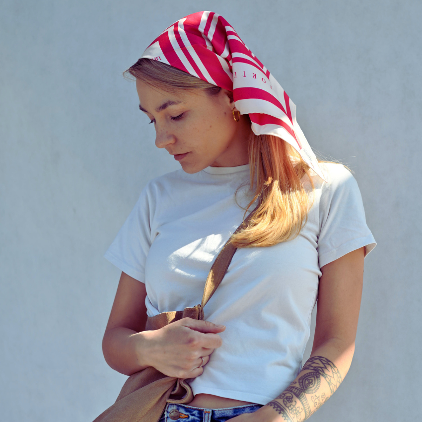 Moedle wearing a silk head scarf, 100% silk scarf