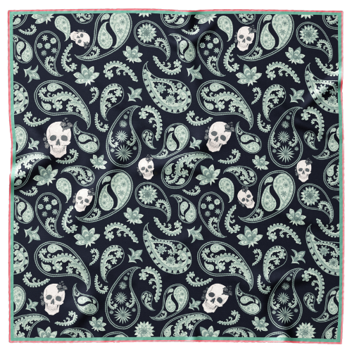 Paisley skulls teal and black  mulberry silk pocket square, limited edition