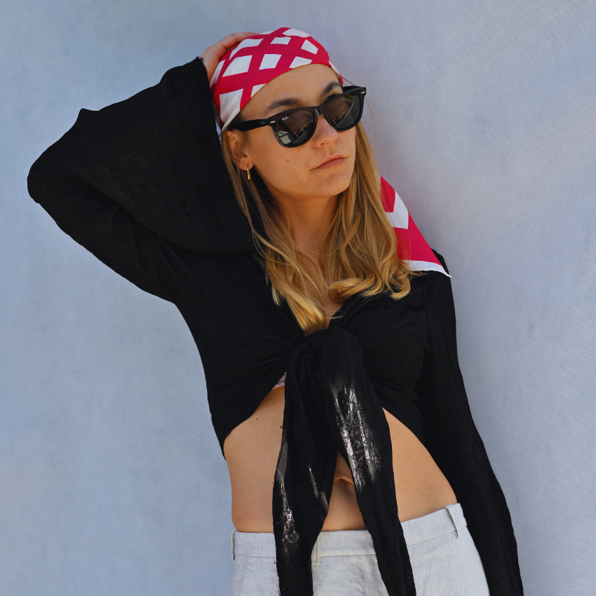 A red and cream silk head scarf and silk bandana for women