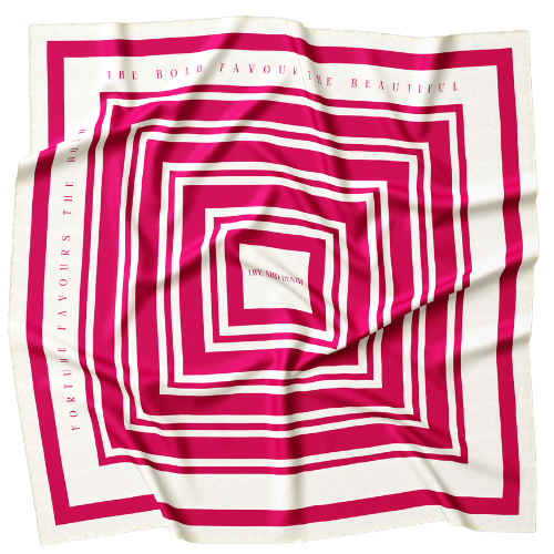 A model wearing a 100% silk bandana, red and cream silk scarf