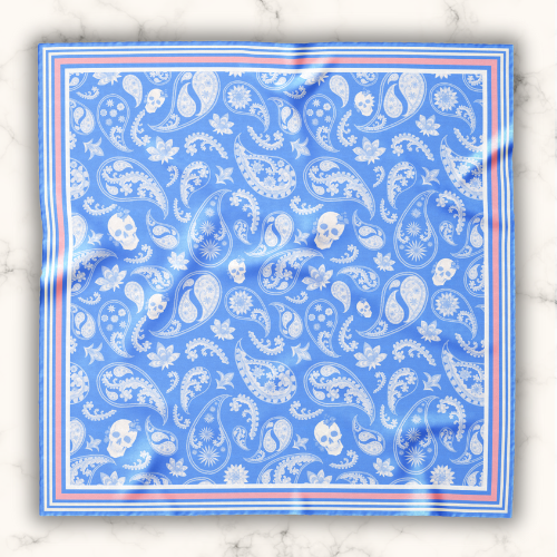 Paisley skulls blue and pink 100% silk bandana