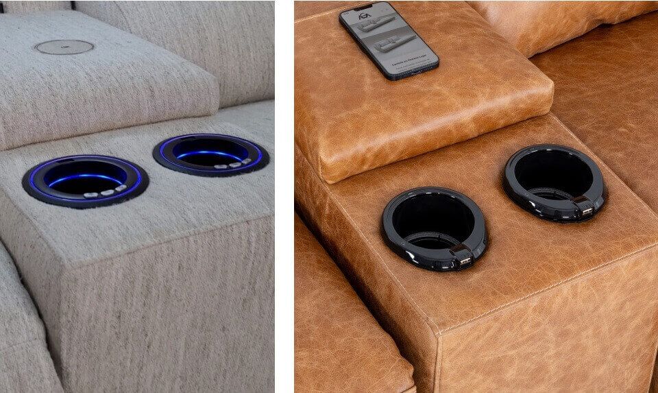 Sofá de luxo com acessório para esfriar bebida integrado, ideal para sala de TV e momentos em família.