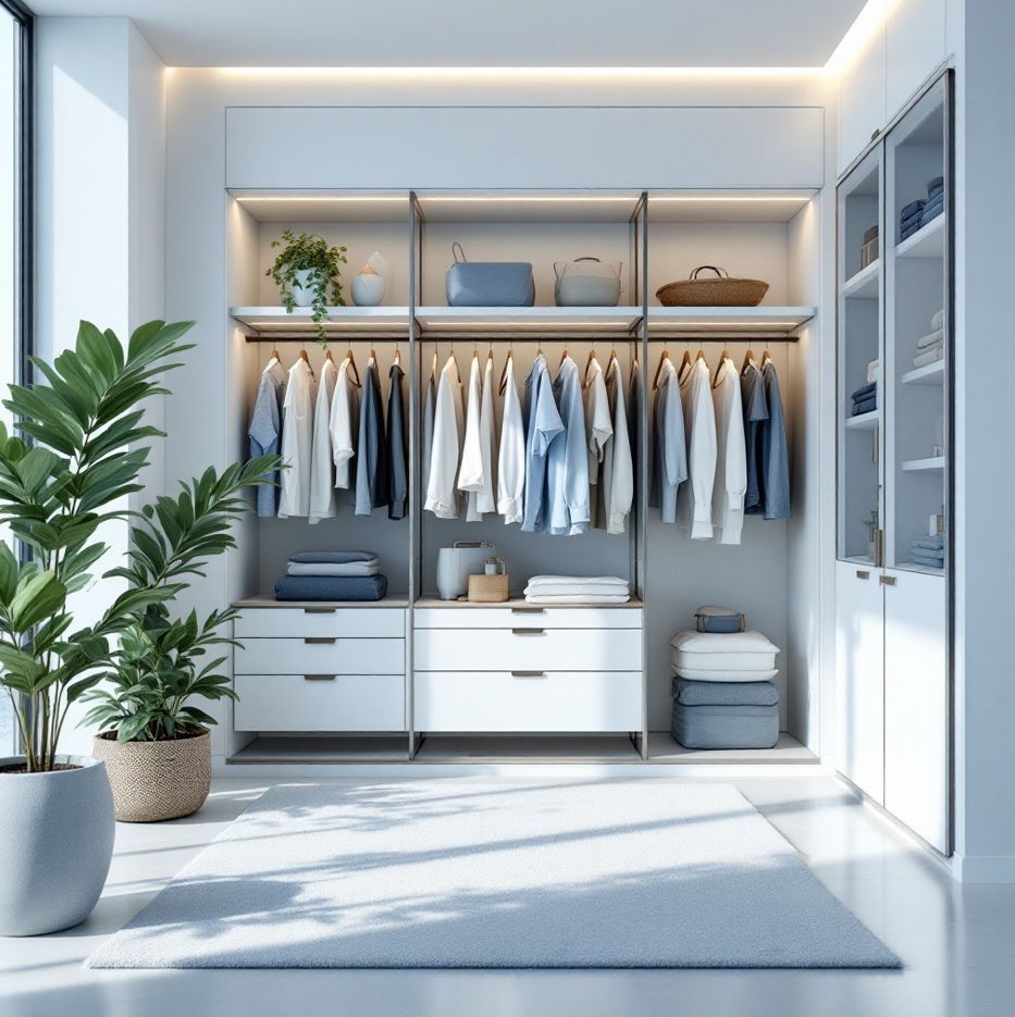 Closet aberto planejado em Curitiba com prateleiras e cabideiros sob medida, desenvolvido pela Batel Select para um ambiente moderno e organizado.