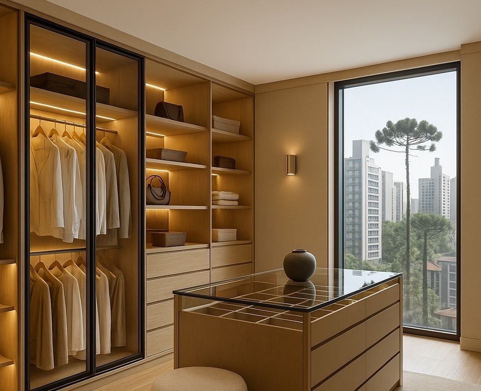 Closet planejado de alto padrão em Curitiba (Batel Select): armários em madeira clara com portas de 