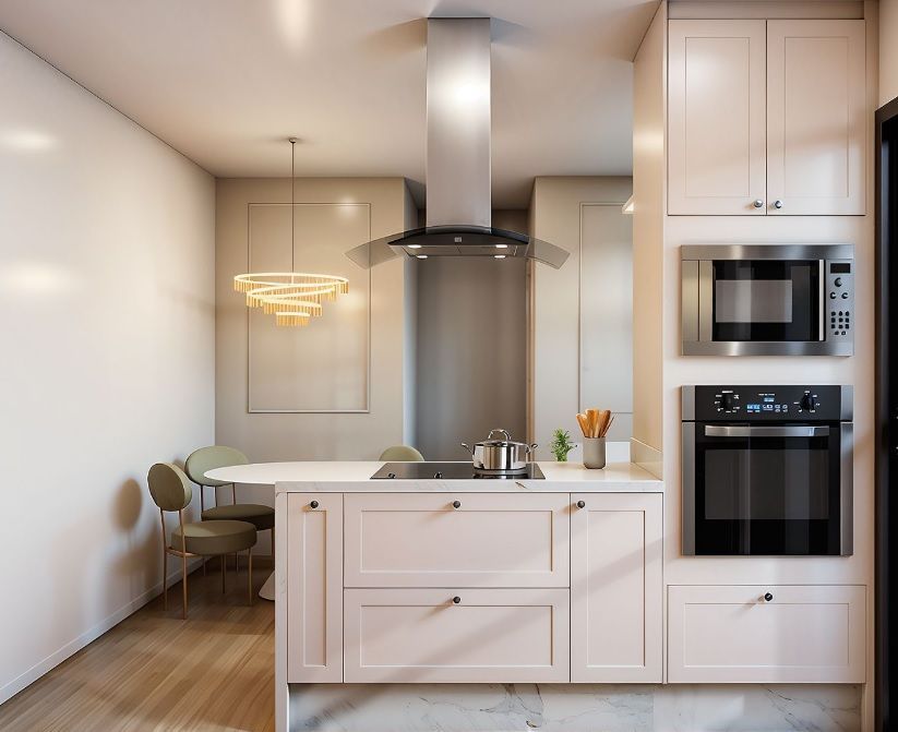 Exemplo de projeto de móveis planejados feito por loja de confiança em Curitiba, pensado para unir beleza, conforto e praticidade no dia a dia. Projeto de cozinha com móveis planejados sob medida em Curitiba, com ilha central, armários claros e eletrodomésticos embutidos