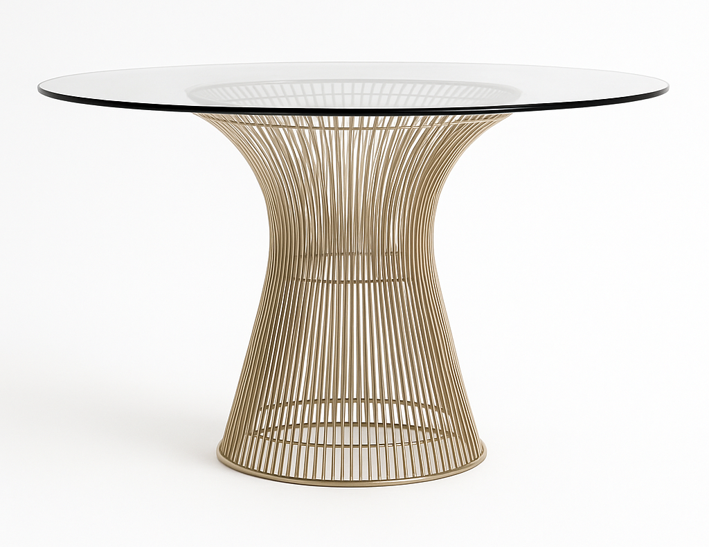 Mesa de jantar redonda Arandela de alto padrão com base cilíndrica em hastes de aço inox 304 dourado e tampo de vidro transparente de 10 mm, design escultural e contemporâneo. Disponível na loja de mesas de jantar em Curitiba, ideal para ambientes sofisticados que valorizam leveza visual e elegância.