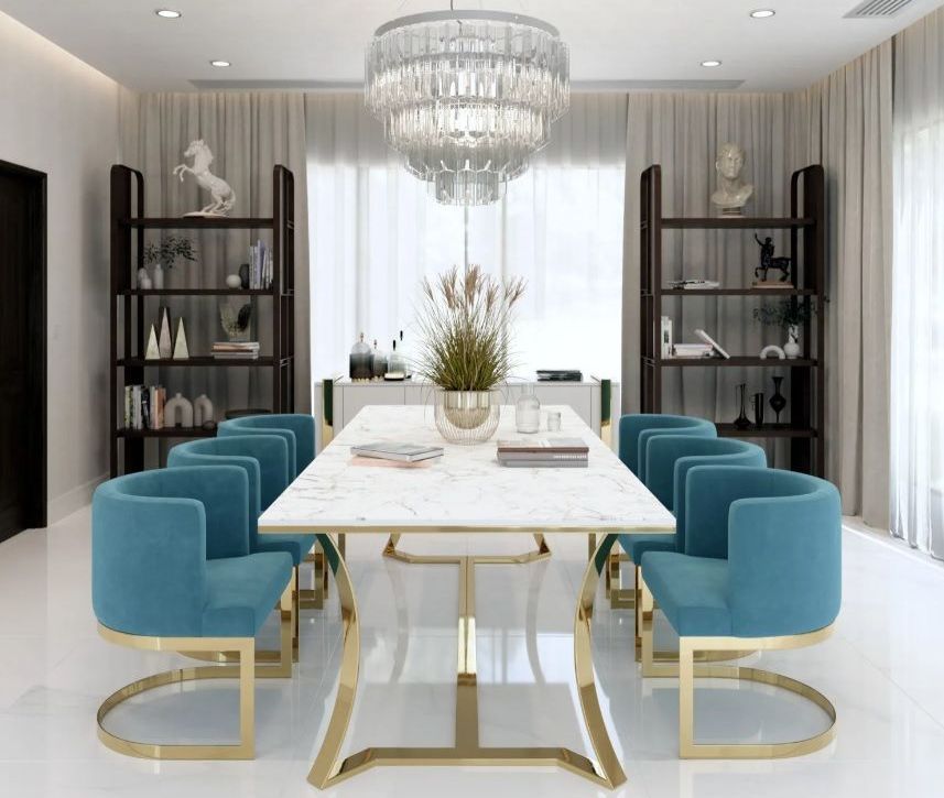 Mesa de jantar de luxo com tampo branco e cadeiras azul petróleo, ideal para salas sofisticadas e elegantes em Curitiba.