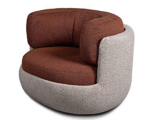 Poltrona redonda de design contemporâneo, com encosto e assento em duas cores, vista lateral, ideal para ambientes sofisticados e modernos, disponível em loja de móveis de alto padrão em Curitiba.