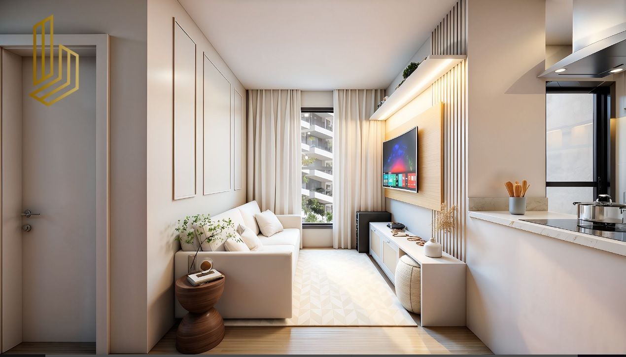 Projeto real de ambiente integrado com móveis planejados desenvolvido por loja especializada em Curitiba, focado em organização, conforto e circulação. Sala integrada com móveis planejados sob medida em Curitiba, com painel de TV, marcenaria clara e aproveitamento inteligente do espaço