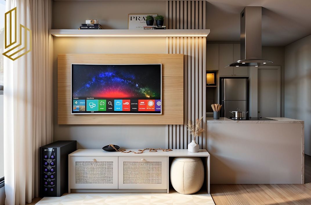 Exemplo de sala de TV planejada feita por loja de confiança em Curitiba, pensada para deixar o ambiente aconchegante e funcional no dia a dia. Sala de TV com móveis planejados sob medida em Curitiba, com painel em madeira, iluminação integrada e integração com a cozinha