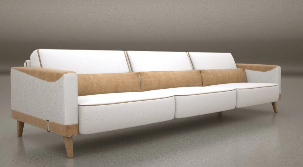 Sofá estilo country clássico de alto padrão nas cores branco e marrom, com pés de madeira maciça, acabamento sofisticado e design clássico. Ideal para ambientes elegantes, oferece conforto e exclusividade, com entrega para todo o Brasil.