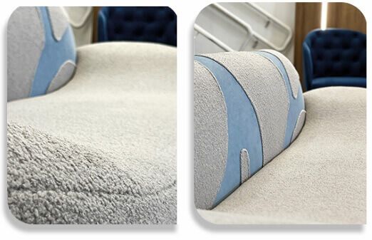O sofá Boucle branco com detalhes em azul. Onde sua criatividade vai te levar?