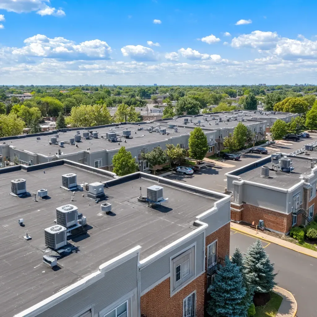 Commercial flat roof installation Cicero IL contractors providing modified bitumen torch-applied sheets, granulated cap sheets, self-adhesive underlayments, roof hatch and cupola flashing, thermal barrier coatings, certified torch-applied specialists.