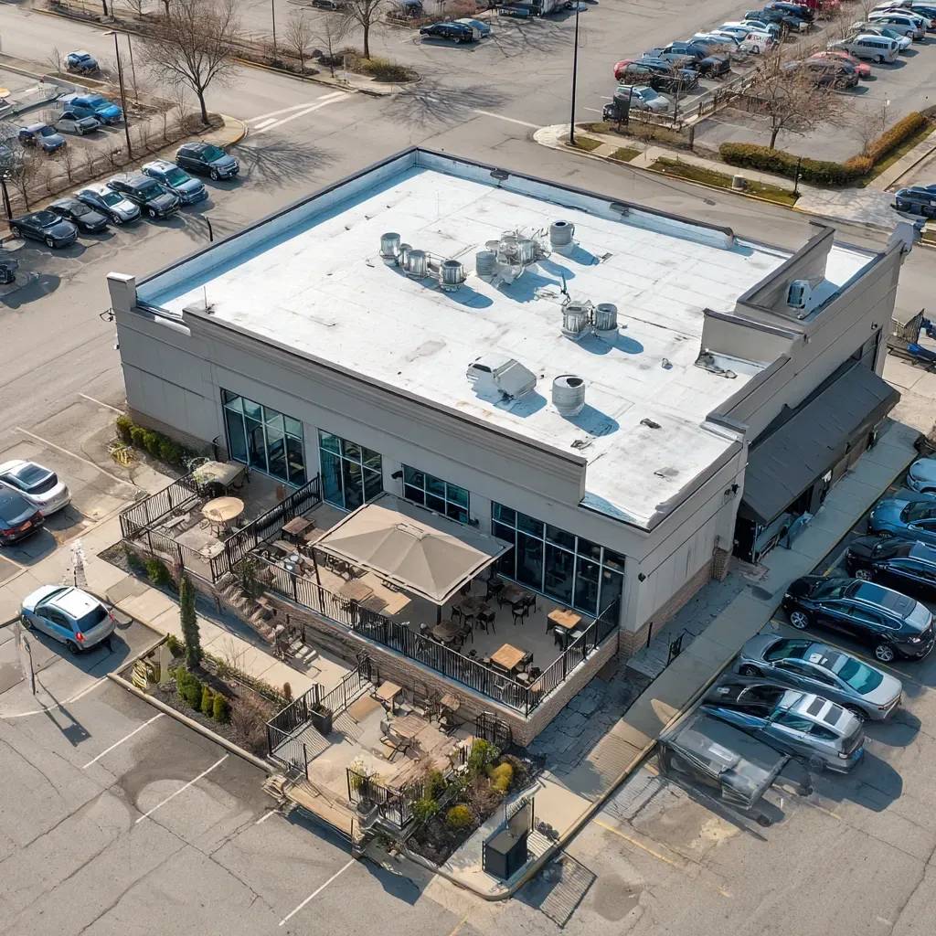 Commercial flat roof installation Cicero IL specialists offering heat-welded TPO seams, polyiso insulation layering, reflective top-coats, parapet coping metal flashings, roof drain retrofits, wind uplift strap installations, certified local technicians.