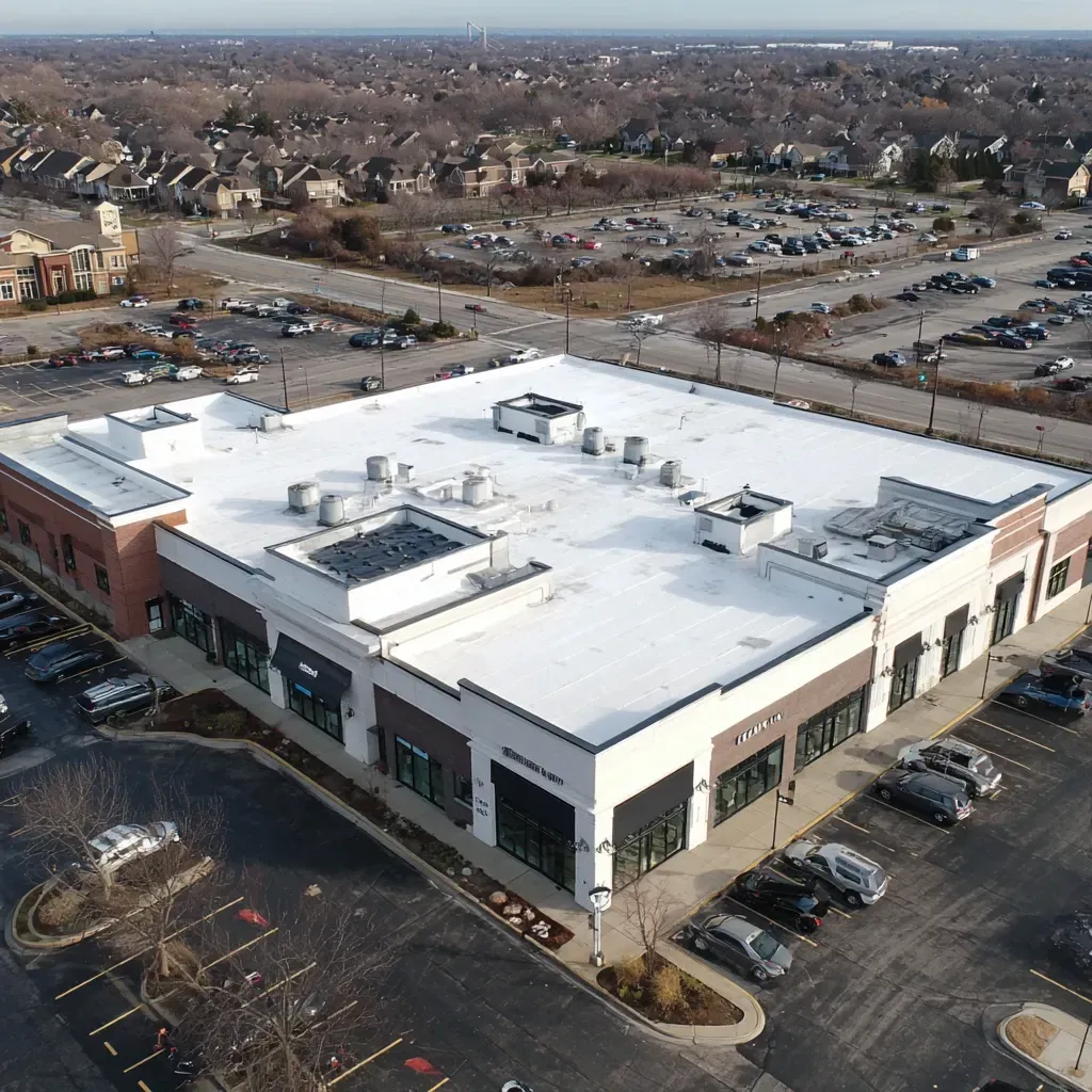 Commercial flat roof installation Cicero IL team executing EPDM reinforcement with primer and seam tape, deck leveling systems, tapered EPS insulation, gutter interface flashing, emergency tarping setups, licensed pros.
