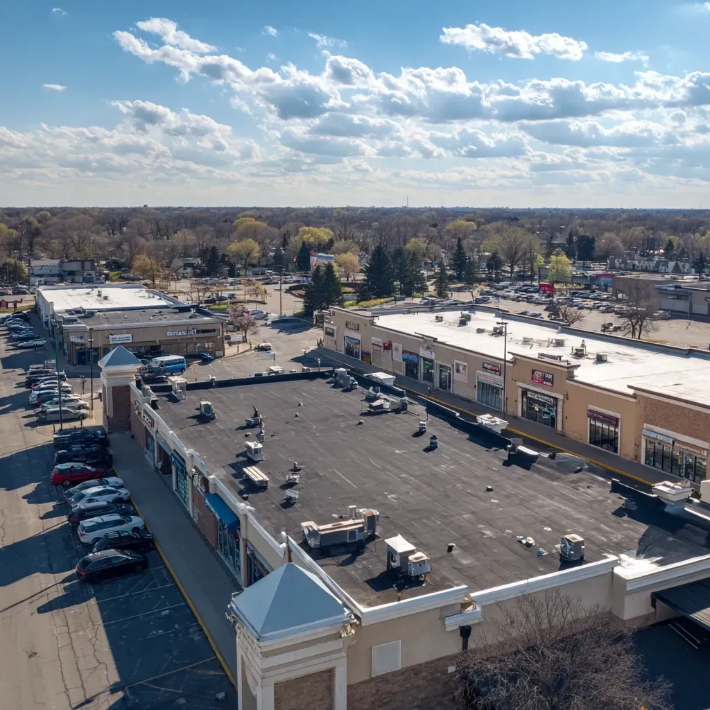 Commercial roof maintenance Cicero IL team executing membrane surface cleans with biodegradable detergents, anti-moss treatments, UV stabilizer re-coats, licensed maintenance crews.